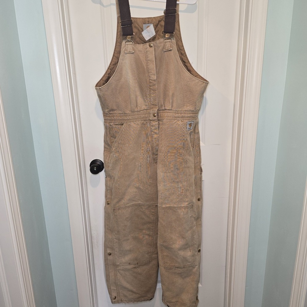 Vtg 90s Carhartt Arctic Bib Overalls Double Knee Distressed Workwear Brown 38x28